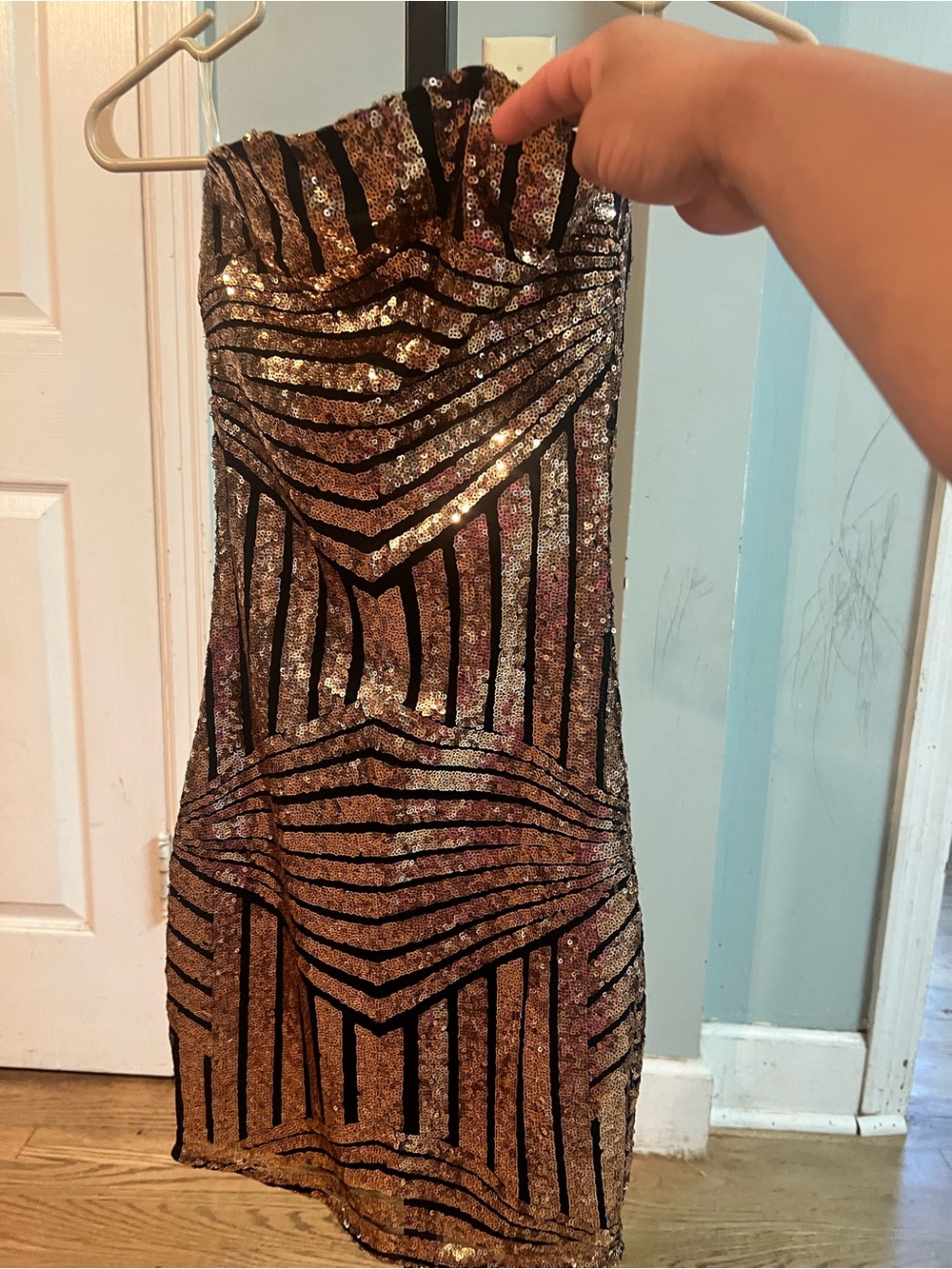 Fashion Nova Gold Sequin Strapless Mini Dress with Black Accents